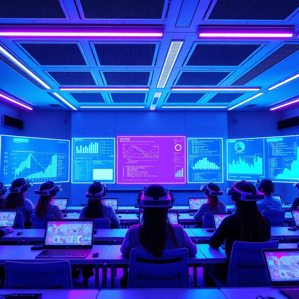 Futuristic AI classroom with VR headsets